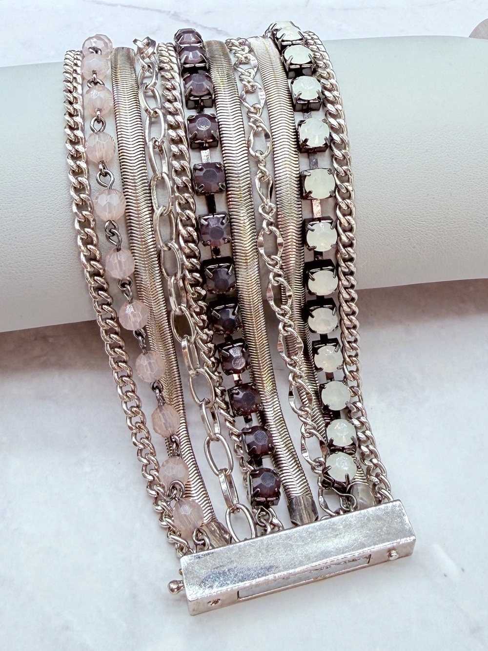 Multi-Strand Magnetic Clasp Bracelet with Crystal & Quartz Beads in Silver Tone